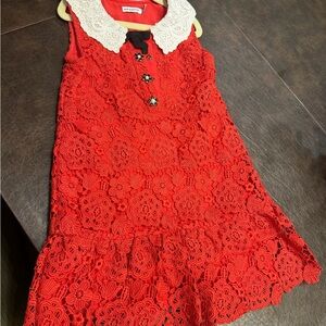 Self-Portrait Red Lace Girls' Formal Dress with White Collar
